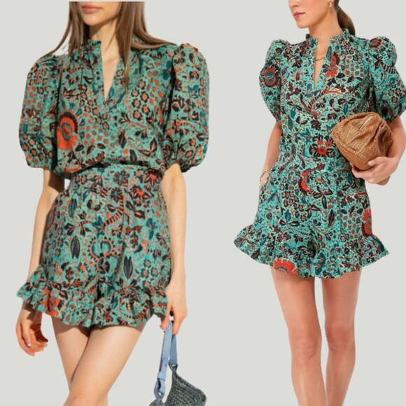 Ulla Johnson Top Jade Imari Dress Blouse Floral Blue Green Short Puff Sleeve 6 M - Picture 2 of 8